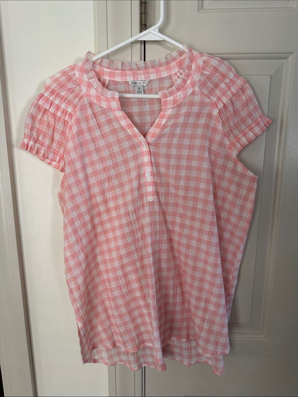 Pink and White Gingham Short Sleeve Peasant Top